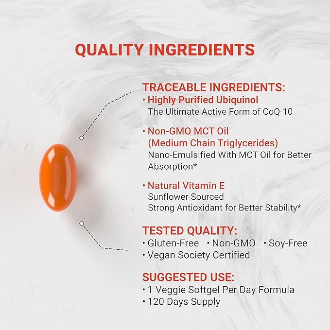 Naturalis Ubiquinol 100mg Active CoQ-10 Emulsified in MCT Oil for Better Absorption | Gluten Free, Non-GMO & Soy-Free | Cardiovascular Wellness, Antioxidant Protection, and Healthy Skin*| 120 Softgels