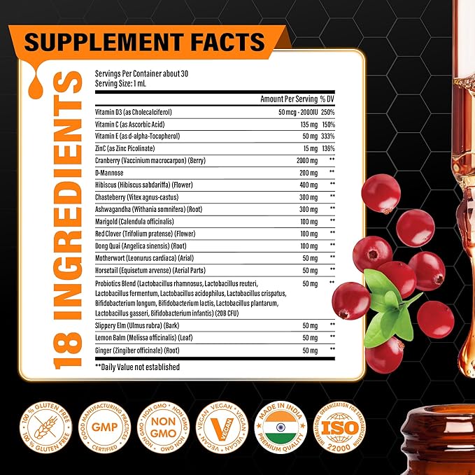 Cranberry Extract Liquid for Women - 18in1 with D-Mannose & Probiotics, Hibiscus, Chasteberry, Ashwagandha, Marigold, Red Clover, Dong Quai and More - 1 Fl Oz