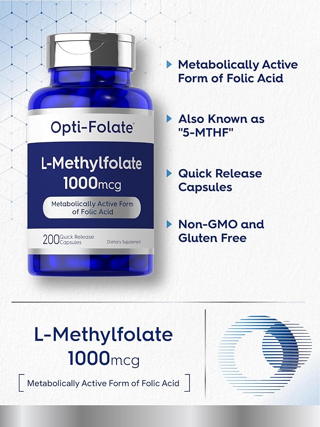 Carlyle L Methylfolate 1000mcg | 200 Capsules | Value Size | Optimized and Activated | Non-GMO, Gluten Free | Methyl Folate, 5-MTHF | by Opti-Folate