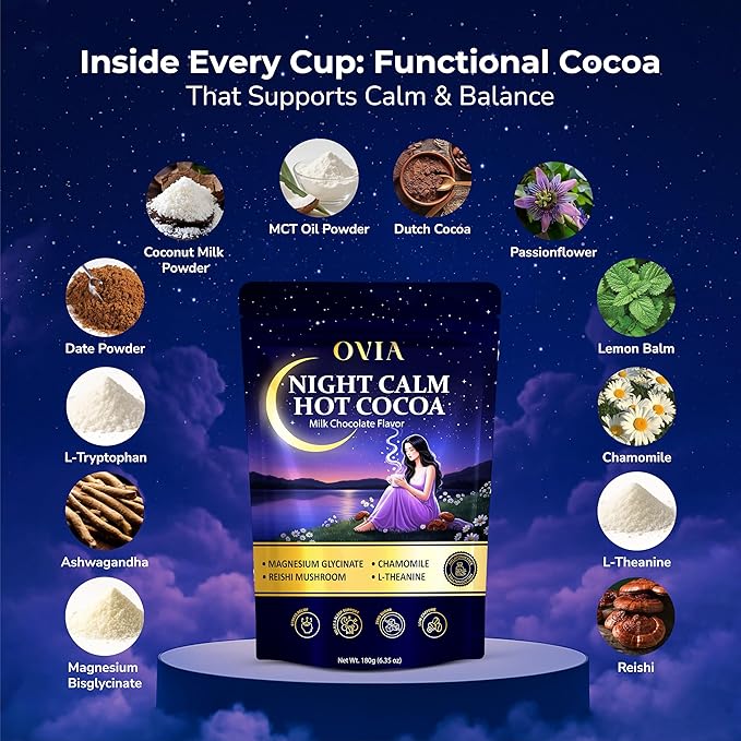 OVIA Night Calm – Melatonin-Free Magnesium Mushroom Hot Cocoa for Sleep – Nighttime Hot Chocolate with L-Tryptophan, L-Theanine & Reishi – Relaxation, Stress & Cortisol Support | 30 Servings