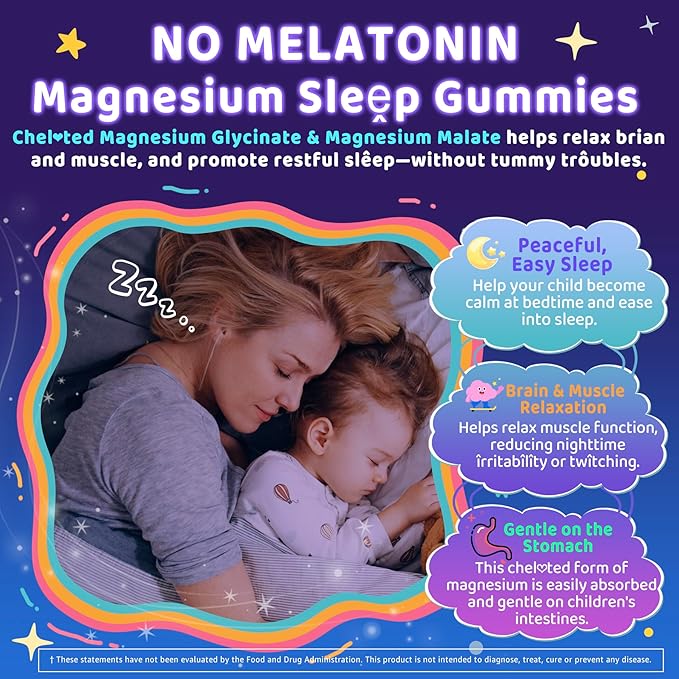 Kids Sleep Gummies, NO Melatonin Sleep Aid Gummies w/ Magnesium Glycinate, Magnesium Malate, L-Theanine, Lavender, B6, Zinc, D3K2 for Restful Sleep, Relax Brain & Muscle, Immune Support, Non-GMO 2Pack