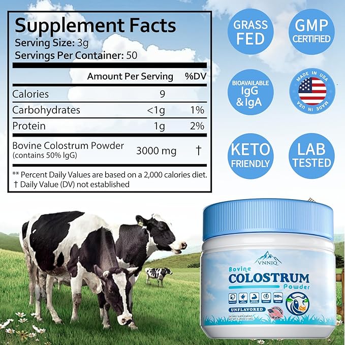 Bovine Colostrum Powder Supplements, 3000mg IgG, Grass-Fed Orgainc Freeze Dried Colostrum for Women & Men | Supports Gut Health, Hair Health, Immune Defense & Muscle Recovery, Unflavored, 50 Servings