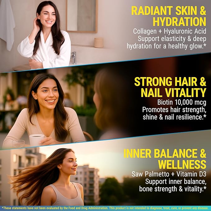 Biotin Gummies with Collagen Vitamin D3 Saw Palmetto & Hyaluronic Acid for Hair Skin and Nails, Hair Growth Supplement for Men & Women | Non-GMO | Gluten-Free | Natural Pineapple Flavor
