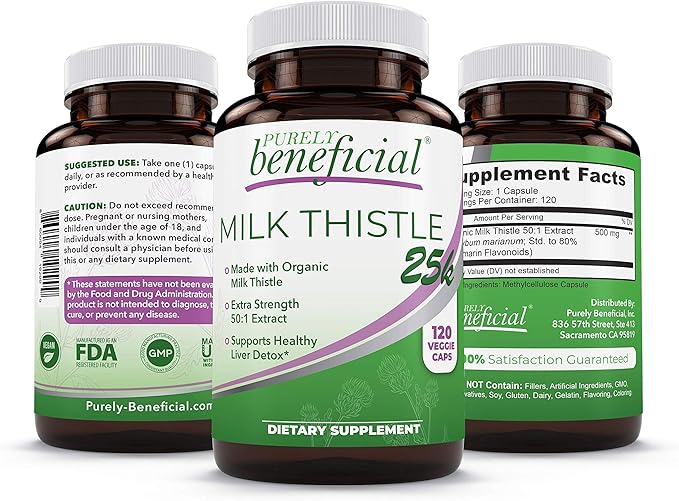 PURELY beneficial Organic Milk Thistle Capsules, 50:1 Milk Thistle Extract, Liver Cleanse & Antioxidant Support, 120 Veg Capsules, Vegan & Non-GMO