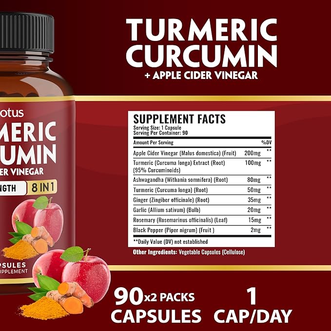 2packs 90 Capsules Turmeric Curcumin + Apple Cinder Vinegar Capsules, 6 Month Supply with Ashwagandha, Ginger, 95% Standardized Curcuminoids, Joint & Absorption Support