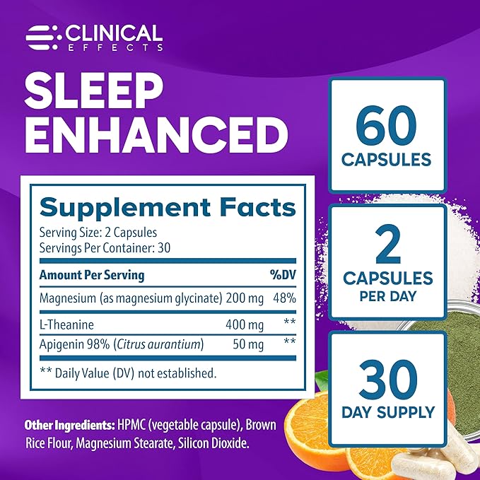 Clinical Effects Sleep Enhanced - Magnesium Supplement - 60 Capsules - Magnesium Glycinate, L-Theanine and Apigenin - for Relaxation and Natural Calm - No Melatonin Sleep Support - USA Made