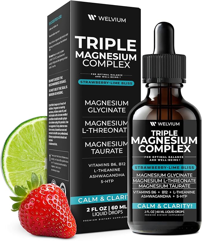 Triple Magnesium Complex Liquid Drops - Magnesium Glycinate Supplement with L-Threonate, Taurate - Ashwagandha, L-Theanine, 5-HTP, Vitamins B6, B12, Bromelain, Inositol for Mineral Balance