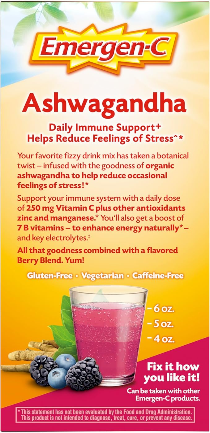 Emergen-C Vitamin C Ashwagandha Drink Mix, Dietary Supplement for Immune Support, Berry Blend - 18 Count