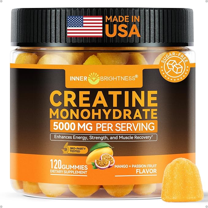 Inner Brightness Creatine Monohydrate Gummies for Men & Women 5000 mg, 3rd Party Tested, Creatine Chews for Muscle Growth, Strength & Energy Support, Sugar Free, Vegan, 120 Count, Mango Passionfruit