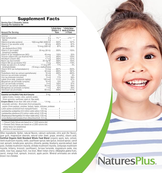 NaturesPlus Animal Parade Gold Children's Multivitamin - Assorted Cherry, Orange & Grape Flavors - 120 Chewable Animal-Shaped Tablets - Vegetarian, Gluten Free - 60 Servings