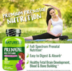 NATURELO Prenatal Multivitamin with Gentle Chelated Iron, Methyl Folate, Plant Calcium & Choline - Vegan, Vegetarian - Non-GMO - Gluten Free - 180 Capsules - 2 Month Supply