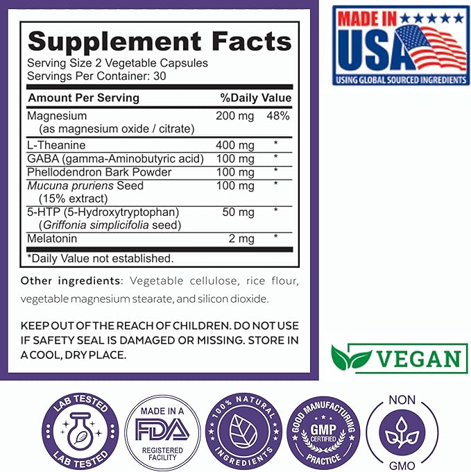 Sleep Well Calmness & Relaxing Support Formula - Powerful Blend with Magnesium, L-Theanine, GABA, and Melatonin - Enhances Relaxation + Promotes Healthy Sleep Patterns - 60 Capsules