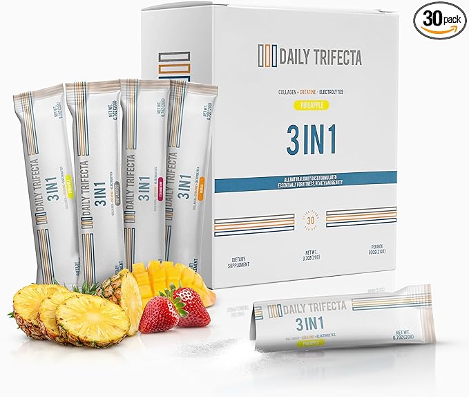 DAILY TRIFECTA 3-in-1 Collagen, Creatine & Electrolyte Stick Packs | Type I Collagen, Creatine Monohydrate, Zero Sugar | 30 Natural Single-Serve Packets | Strength, Hydration & Recovery (Pineapple)