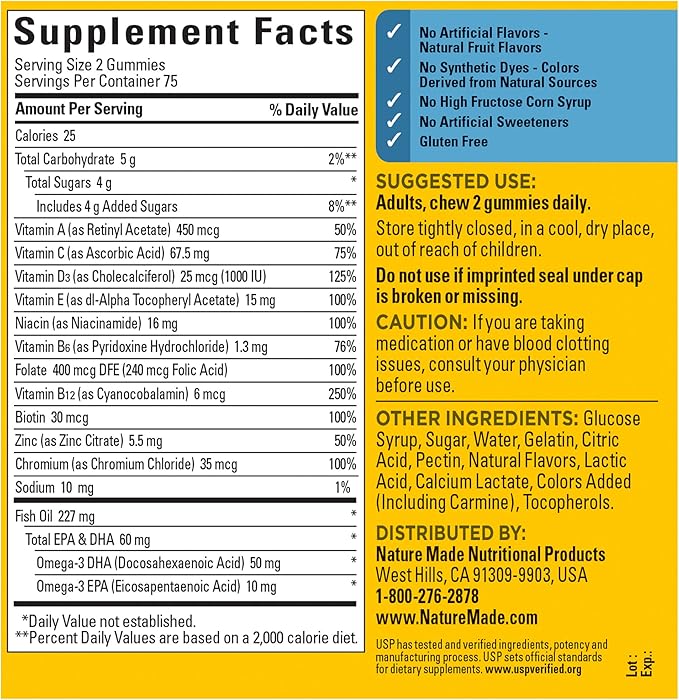 Nature Made Mens Multivitamin Gummies with Omega-3,Mens Gummy Multivitamins for Daily Nutritional Support,150 Gummy Vitamins and Minerals,75 Day Supply,(Pack of 2)