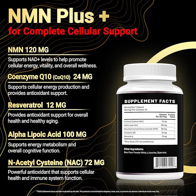 NMN Complex Plus+ for Women & Men with NAC, Alpha Lipoic Acid, CoQ10 & Resveratrol – 5-in-1 Cellular Energy & Healthy Aging Support – 60 Capsules, Non-GMO, Made in USA