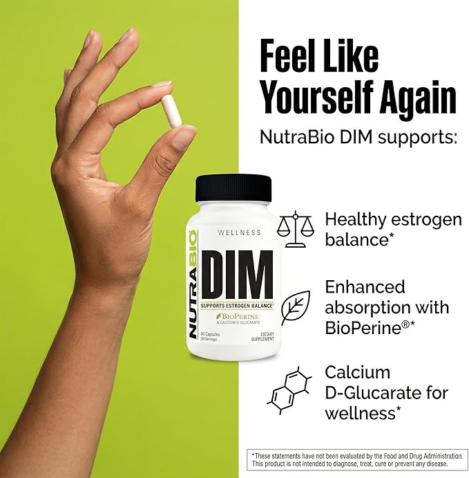 NutraBio DIM Supplement, Supports Estrogen Balance, 100mg - 60 Vegetable Capsules