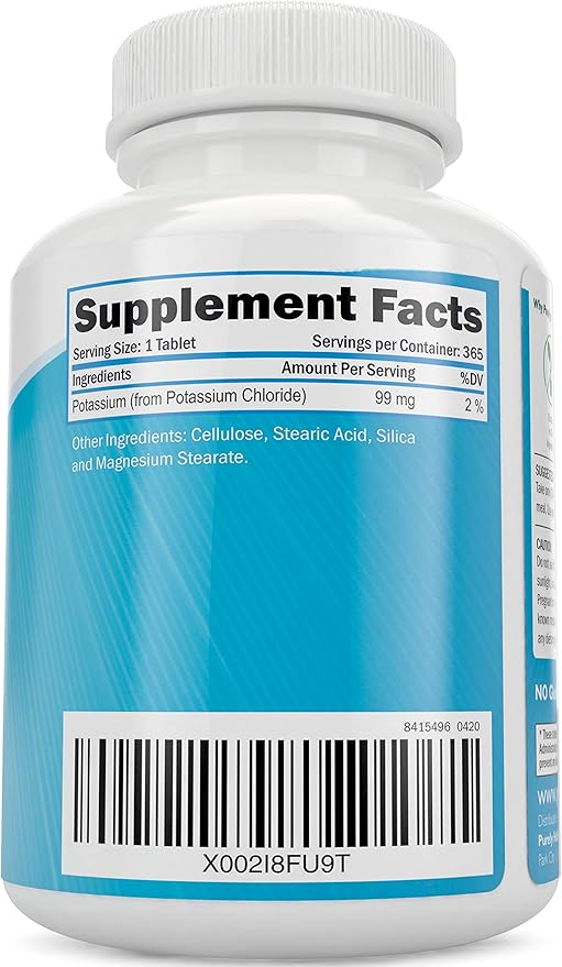 Potassium Chloride Supplement | 1 Year Supply | Heart & Circulatory Health Support | With Potassium 99mg Per Serving for Electrolyte & Fluid Balance Support | Gentle on Digestion | Non-GMO | 365 Ct