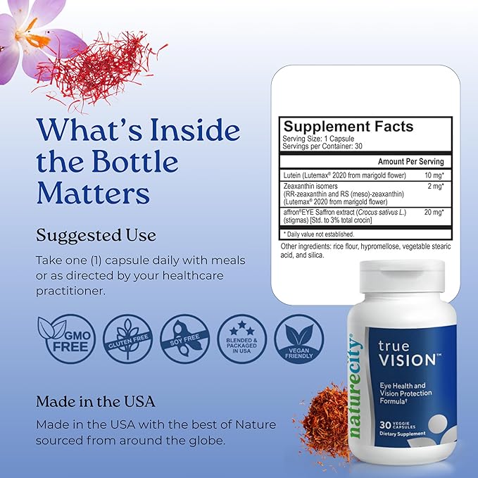 NatureCity True-Vision Eye Health Supplement - Plant-Based Lutein and Zeaxanthin with High Potency Saffron 20mg - Blue Light Protection, Support Central and Night Vision (30 Veggie Capsules)