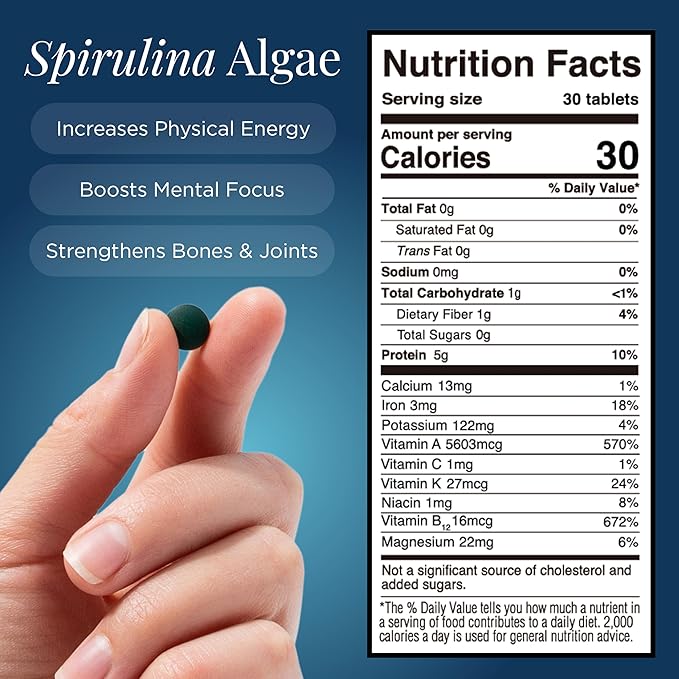 ENERGYBITS - Organic Spirulina Tablets - Plant-Based Algae Superfood - for Focus, Fitness, Energy - Plant Protein - Gluten Free - Collagen, Vitamin B12, Omega 3 - Keto & Vegan - 60 Algae Tablets