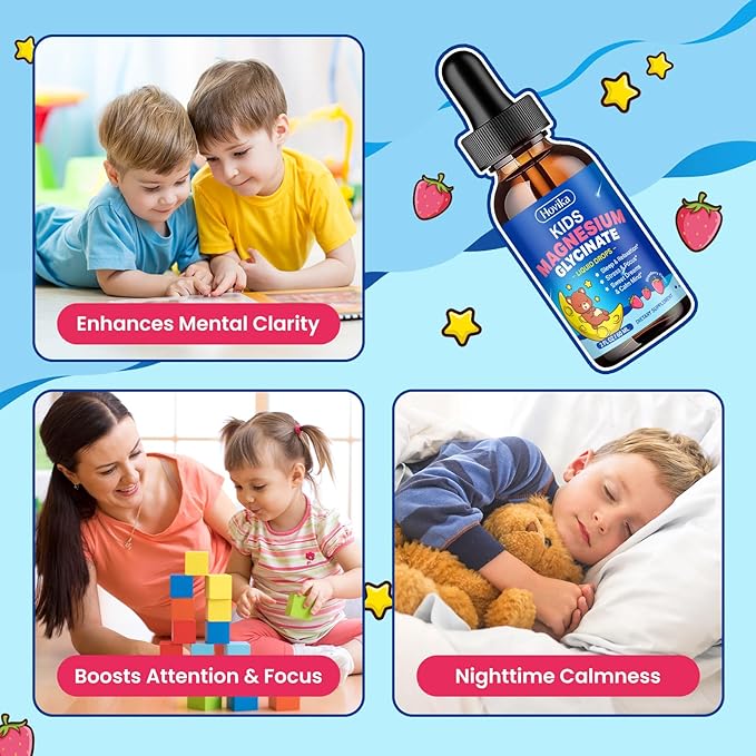 2 Pack Kids Magnesium Liquid Drops - Liquid Magnesium Glycinate Supplement with L-Theanine Omega-3, Vitamin B6, D3, Zinc - Support Sleep, Relaxation, Calm & Focus - Strawberry Flavor