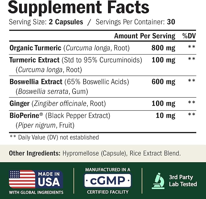 Boswellia Serrata Turmeric Supplement for Joint Support & Inflammation Balance – Turmeric Boswellia Supplement with Ginger & Black Pepper Extract for Enhanced Absorption – Non-GMO - 60 Capsules