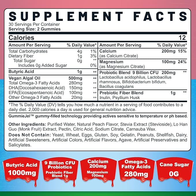 Nextdia Butyrate Gummies with Probiotic + Prebiotic + Postbiotic + Fiber Gummies for Adults