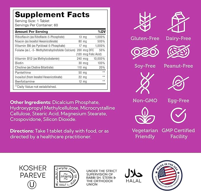 Zahler B-Complex Vitamins for Women & Men - Vitamin B Complex - B Vitamins Complex with B1 B2 B3 B5 B6 B7 B9 B12 - Advanced 2-Stage Delivery System - Gluten Free Kosher Non-GMO VIT B (60 Tablets)
