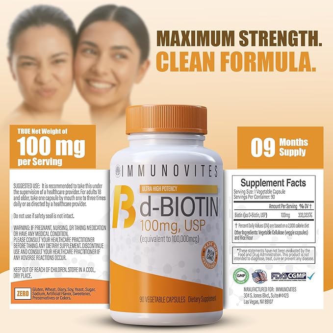 IMMUNOVITES 3-Pack High Dose Biotin (as d-Biotin, USP) 100mg (Equivalent to 100,000mcg) 90 Capsules, High Potency (3)