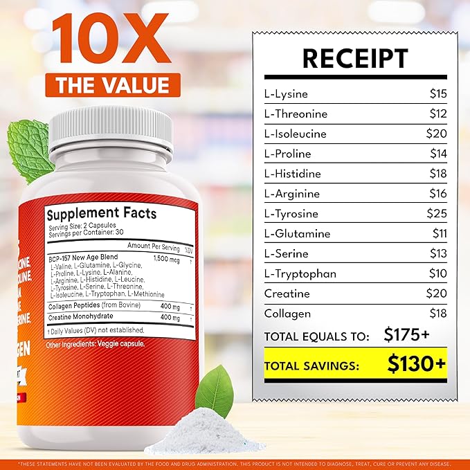 NEW AGE Amino Acids Supplement L-Lysine, L-Threonine, L-Leucine, Isoleucine, Valine, L-Histidine, L-Tryptophan, L-Methionine, L-Arginine, L-Cysteine, L-Glutamine, L-Serine, Aspartic Acid- 120 Count