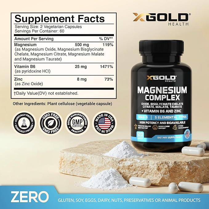 Magnesium Complex 5-in-1 with Zinc & B6 – High Absorption (Glycinate, Citrate, Malate, Taurate, Oxide) – Muscle Recovery, Energy, Sleep Support & Immune Health – Made in USA