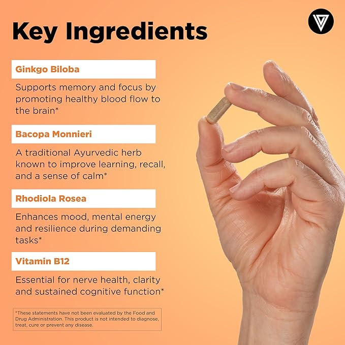 Vital Vitamins Brain Supplements for Memory and Focus (2-Pack)– Nootropic Brain Booster with Ginkgo Biloba, Rhodiola, B12 – Caffeine-Free Support for Adults & Seniors – 60-Day Supply