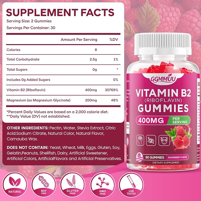 Vitamin B2 Gummies Riboflavin 400mg Supplement with Magnesium for Kids & Adults B2 Gummies for Nervous System Support & Skin Health, Sugar-Free, Raspberry Flavor, 60 Count