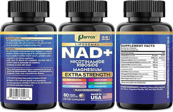 NAD+ Supplement with Liposomal NAD+, Nicotinamide Riboside, Magnesium, Vitamin B3 & B12, Resveratrol, Turmeric, Ashwagandha, Lion’s Mane,10-in-1 Extra Strength (3 Pack)