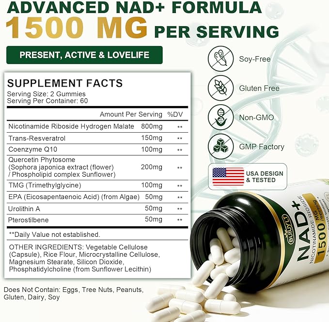 NAD+ Supplement 1500mg, NR NMN Replacement with Resveratrol, Urolithin A, CoQ10 & Quercetin - NAD Plus for Cellular Energy, Healthy Aging & Stamina for Women & Men - 120 Capsules -2pcs