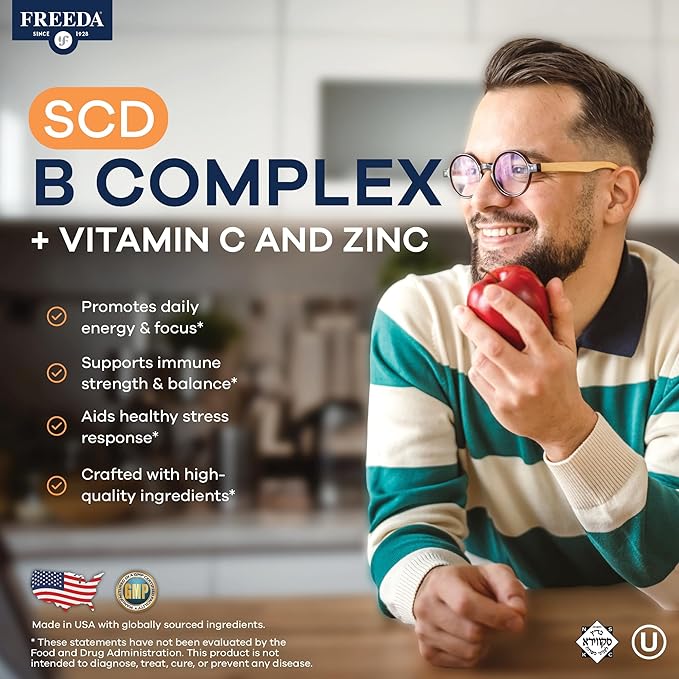FREEDA Vitamin B Complex with Vitamin C & Zinc – Stress B Complex, Methylfolate & Active B12 + B1 B2 B3 B6 Biotin Choline – BComplex Vitamins for Women & Men – SCD Legal, Kosher, Vegan (180 Capsules)