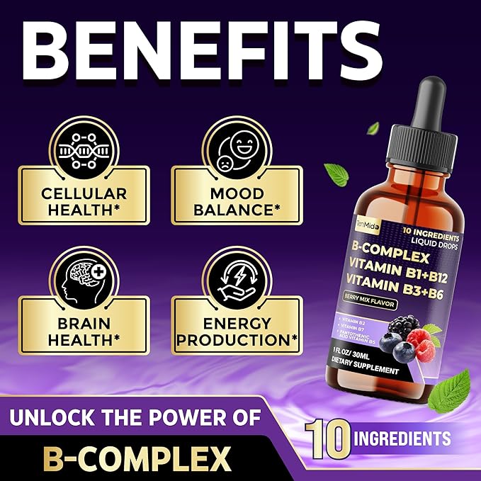 10in1 Vitamin B Complex Liquid Drops with B1 Thiamine, B12 Methylcobalamin, B2 Riboflavin, B3 Niacinamide, B5 Pantothenic Acid, B6 Pyridoxine, B7 Biotin and More - 30ml 1 Fl Oz