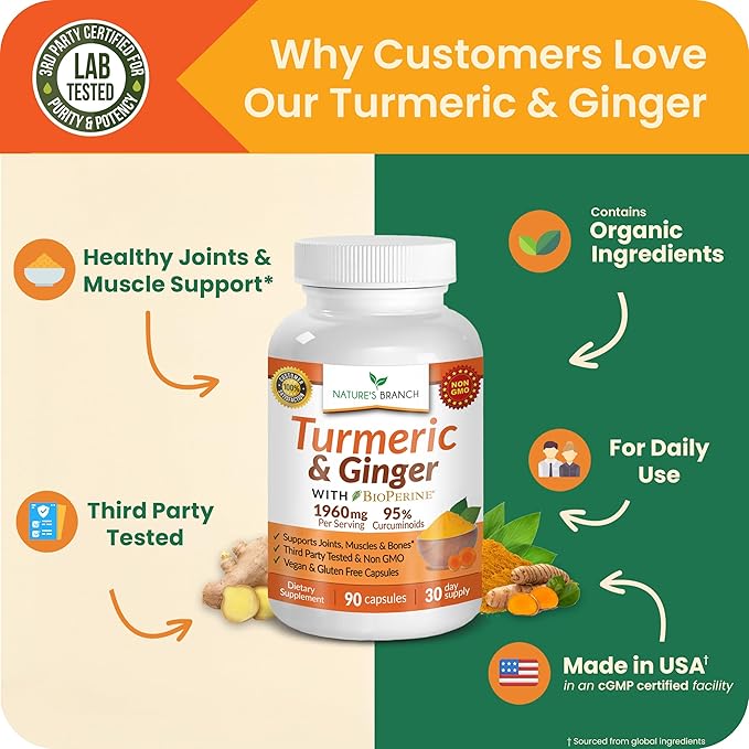 Turmeric and Ginger Supplement - Organic Turmeric & BioPerine - 95% Curcuminoids for Joint Support & Digestion | High Absorption Black Pepper Extract, Vegan, Curcumin Pills, Extra Strength 90 Capsules