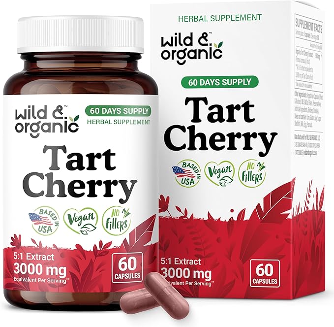 Wild & Organic Tart Cherry Capsules 600 mg - Uric Acid Support - Tart Cherry Powder Supplement - Prunus Cerasus Fruit Extract - 60 Days of Supply - Vegan, No Fillers, Non-GMO - 60 Count