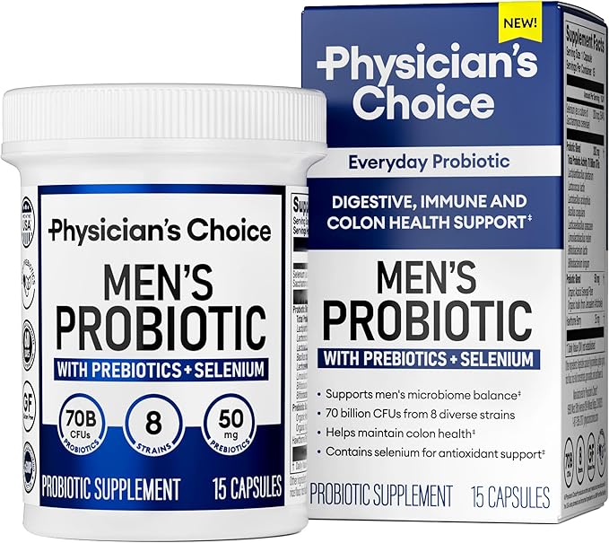 Physician's CHOICE Probiotics for Men - 70 Billion CFU - 8 Strains - Selenium & Organic Prebiotics - Supports Digestive Health, Microbiome, Colon, Immune Health - Advanced Men's Probiotic - 15ct 2pck