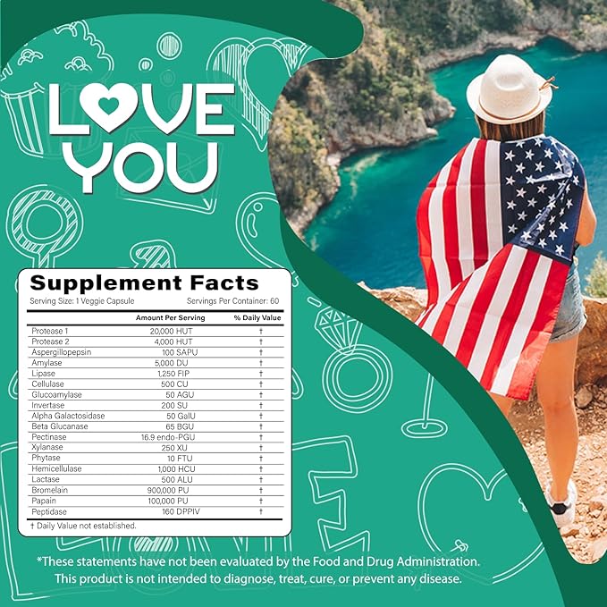Love You 18 Enzyme Complex – Broad Spectrum Digestive Support with Amylase, Bromelain and Papain – Promotes Nutrient Absorption and Healthy Digestion, 60 Veggie Capsules