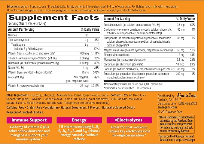 Emergen-C 1000mg Vitamin C Immune Support Powder Pink Lemonade 30CT includes Zinc, Manganese, 7 B Vitamins and Electrolytes for Back to School Essentials