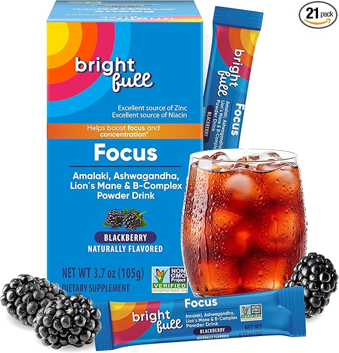 Supplement Focus Sugar Free Dietary Supplement Drink Mix with Ashwagandha, Lion’s Mane, B Vitamins B1 B2 B3 B5 B6 B12, for Cognitive Performance & Clarity BlackBerry, 21 Day Supply