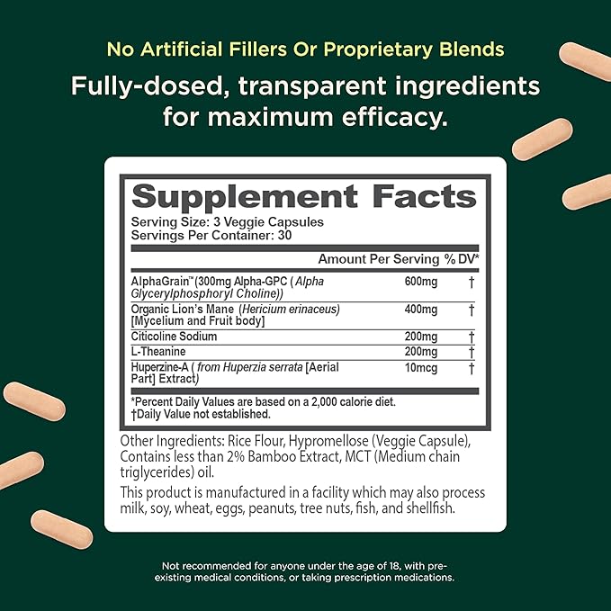 The Genius Brand Genius Mood+Focus - Nootropic Supplement with Organic Lion’s Mane, Alpha GPC & More for Brain Health - Memory Support & Focus Support - Non-GMO - 90 Veggie Capsules