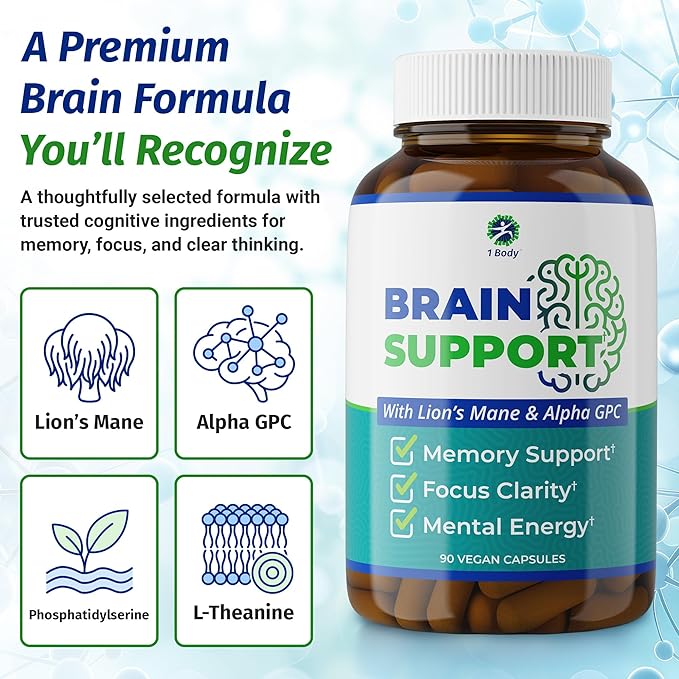 1 Body Brain Support Triple Pack, Alpha GPC and Lion's Mane Extract, 90 Capsules Each