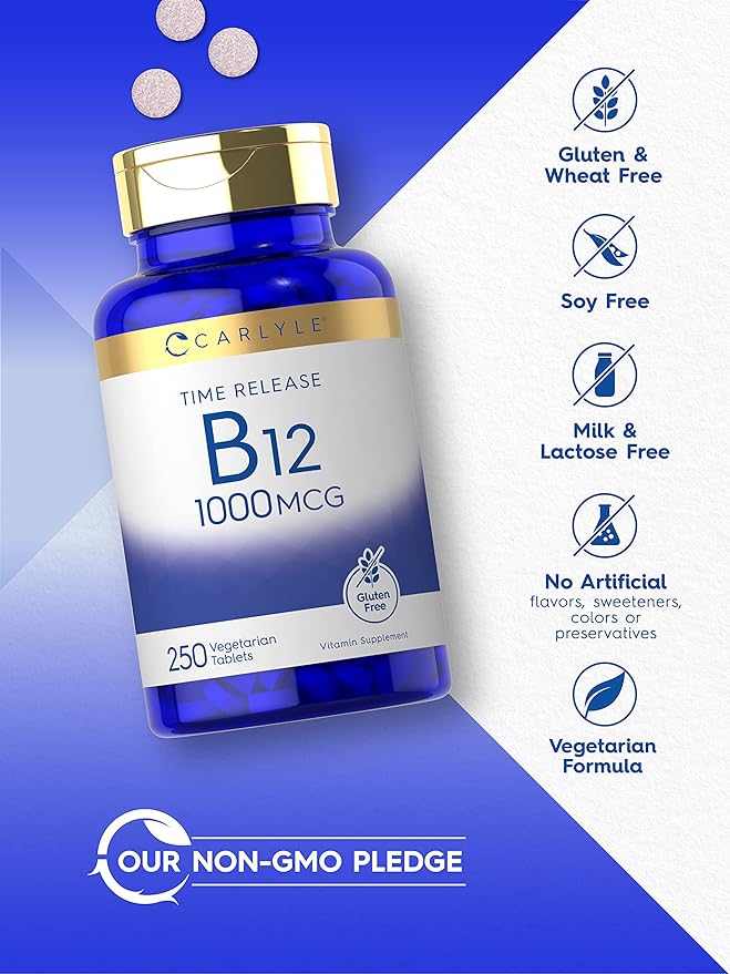 Carlyle B12 Vitamin 1000 mcg | 250 Count | Time Release Tablets | as Cyanocobalamin | Vegetarian, Non-GMO & Gluten Free Supplement