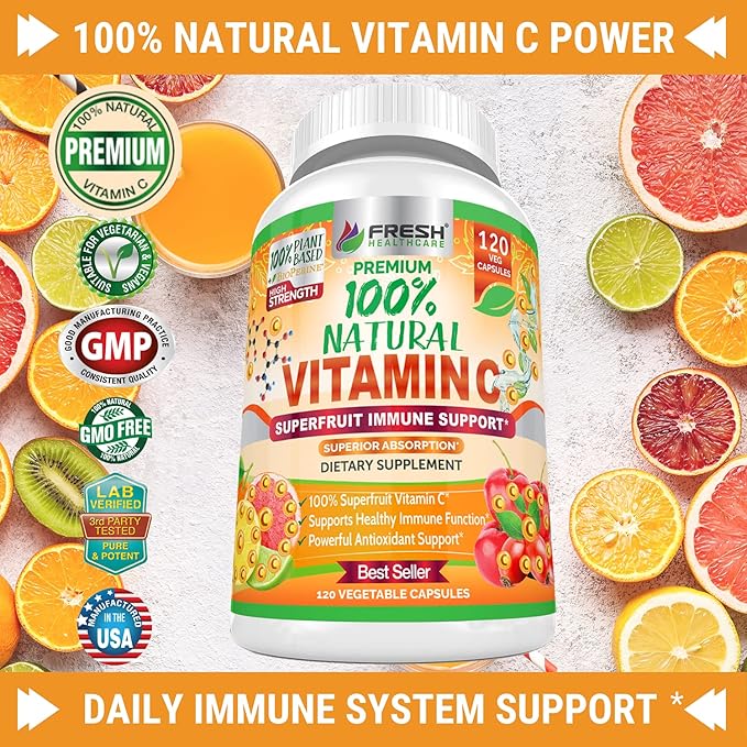Fresh Healthcare Whole Food Vitamin C 500mg - Natural Supplement from Rose Hips, Acerola Cherry & Camu Camu - with Citrus Bioflavonoids for Immune Support - 120 Vegan Capsules