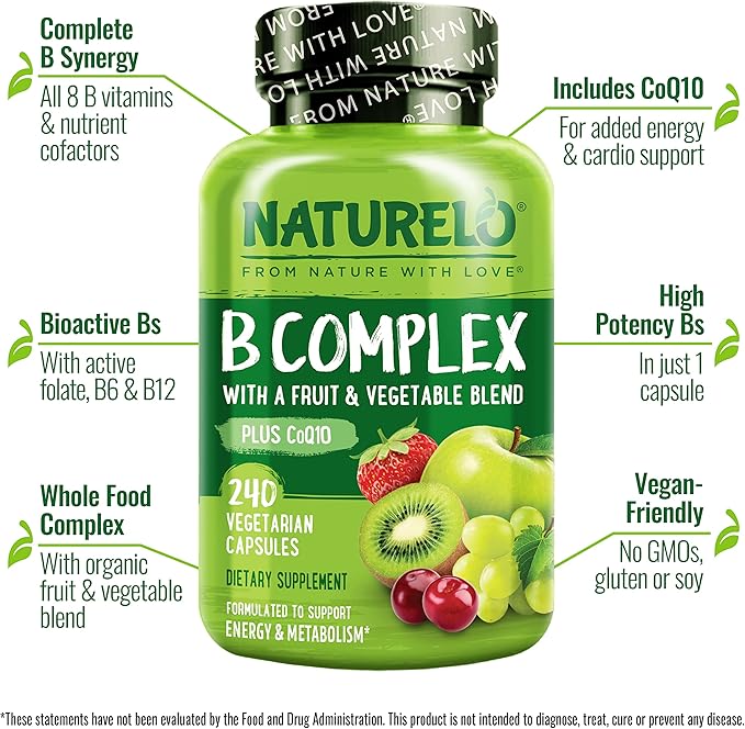 NATURELO Vitamin B Complex, 240 Capsules, Vegan, CoQ10, Methyl Folate, Biotin, Fruit & Veg Blend, Supports Energy and Healthy Stress Response, Super B Complex Vitamins for Women and Men