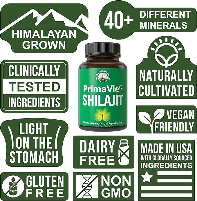 PrimaVie Purified Shilajit Capsules Made with Pure Shilajit Powder. Clinically Tested Natural Supplement with 40+ Trace Minerals, Fulvic Acid. Tablets Support Mitochondria + Brain Function