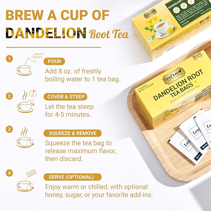 LeafLea 40 Dandelion Root Tea Bags, Dandelion Tea Supports Wellness and a Balanced Lifestyle, Natural Dried Dandelion Root, Vegan, No Sugar, Caffeine-Free