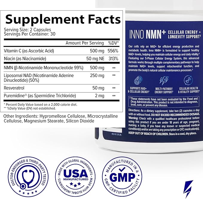 InnoSupps Inno NMN+ Supplement 500mg with NAD+ for Brain Function, Anti Aging & Cell Regeneration, Supports Cellular Energy, Muscle & Heart Health, w/Resveratrol, Niacin, & Vitamin C - 60 Servings